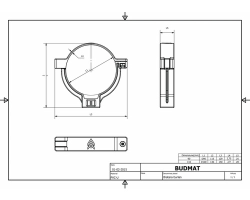 Technický nákres rúrkovej objímky s rozmermi