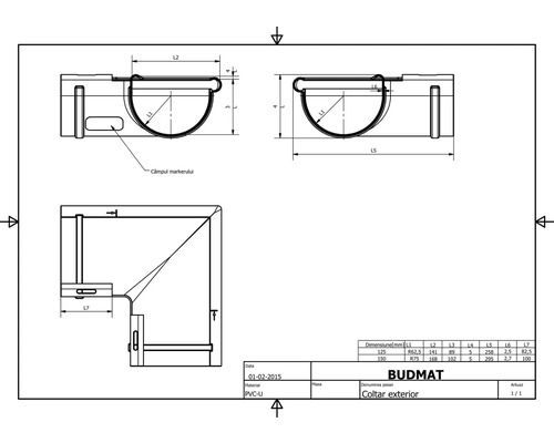 Technický nákres vonkajšieho rohu Budmat z polyvinylchloridu