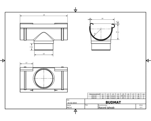 Technický nákres spojky odkvapového žľabu s rozmermi