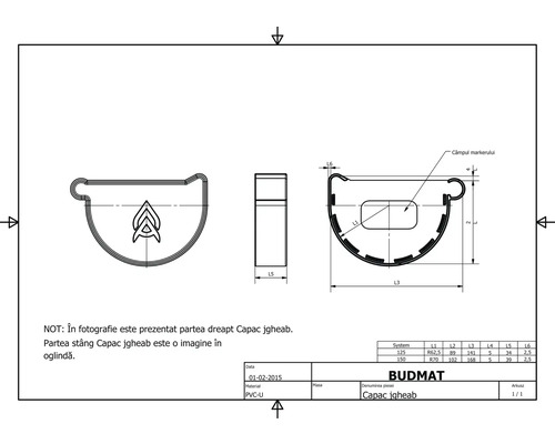 Technický nákres koncovky odkvapu s rozmermi