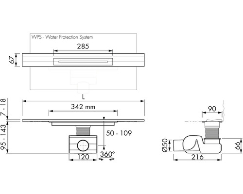 Technický výkres podlahovej vpuste s rozmermi