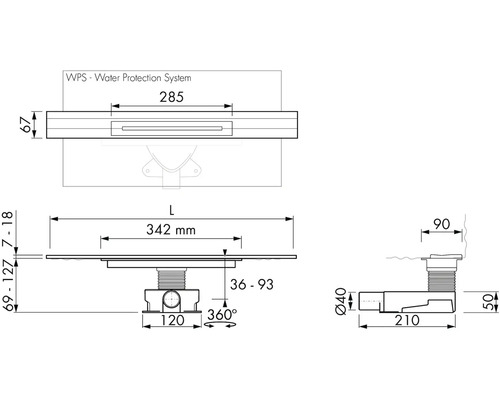 Technický nákres sprchového žľabu s rozmermi
