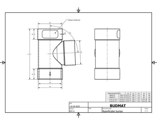 Technický výkres odbočky odkvapu s rozmermi