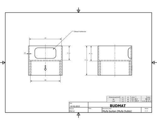 Technický nákres dvojitej rúrkovej objímky s rozmermi
