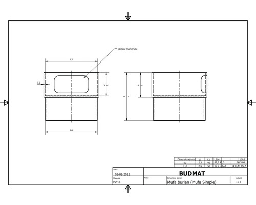 Technický nákres rúrkového kolena s rozmermi