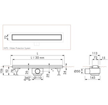 Technický nákres sprchového žľabu s rozmermi