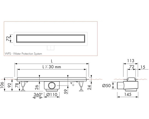 Technický nákres sprchového žľabu s rozmermi