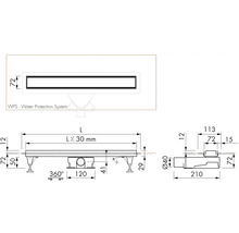 Technický nákres sprchového žľabu s rozmermi