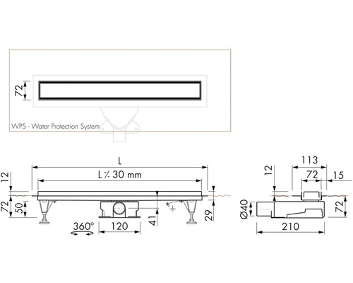 Technický nákres sprchového žľabu s rozmermi