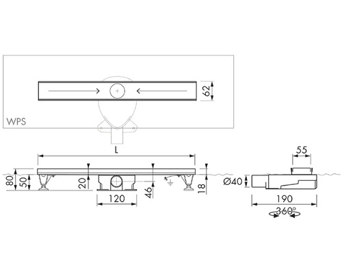 Technický nákres sprchového žľabu s rozmermi