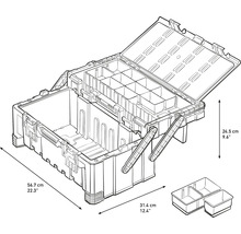 Otvorený box na náradie s priehradkami a rozmermi