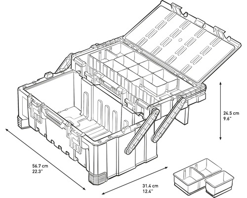Otvorený box na náradie s priehradkami a rozmermi