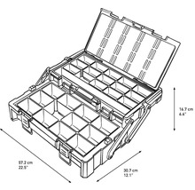 Otvorený kufrík na náradie s niekoľkými priehradkami a údajmi o veľkosti.