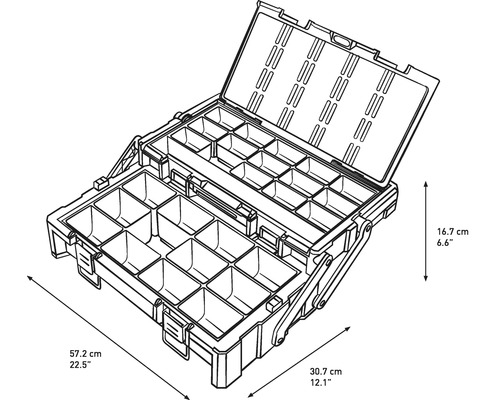 Otvorený kufrík na náradie s niekoľkými priehradkami a údajmi o veľkosti.