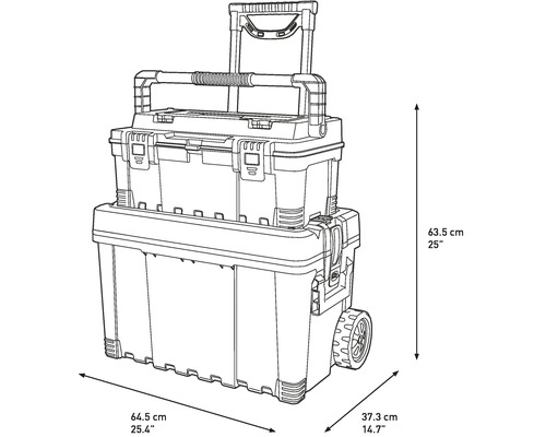 Kufrík na náradie s kolieskami a teleskopickou rukoväťou, rozmery: 63,5 cm výška, 64,5 cm šírka, 37,3 cm hĺbka