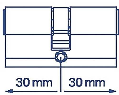 Technický nákres cylindrického zámku s označením 30 milimetrov