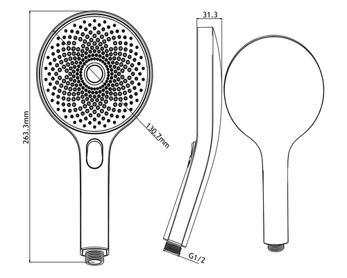 Technický nákres ručnej sprchy s rozmermi