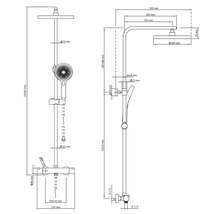Technický nákres sprchovej súpravy s rozmermi