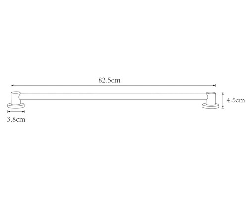 Technický nákres tyče na uteráky s rozmermi 82,5 cm dĺžka, 4,5 cm výška a 3,8 cm hĺbka.