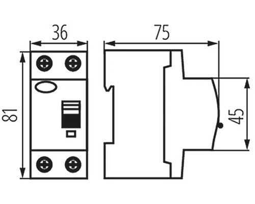 Technický nákres prúdového chrániča s rozmermi