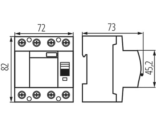 Technický nákres prúdového chrániča s rozmermi.