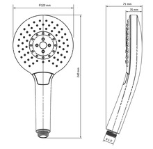 Technický nákres ručnej sprchovej hlavice s rozmermi 120 milimetrov v priemere, 240 milimetrov na dĺžku a s pripojením G 1/2