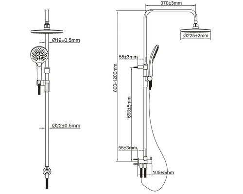 Technický nákres sprchovej súpravy s rozmermi