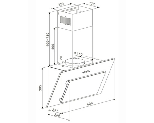 Technický výkres digestora s rozmermi