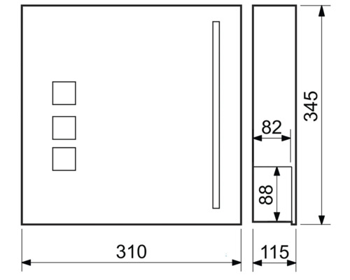Technický nákres zrkadlovej skrinky s rozmermi