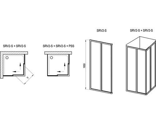 Nákres sprchovacieho kúta SRV2-S v rôznych konfiguráciách