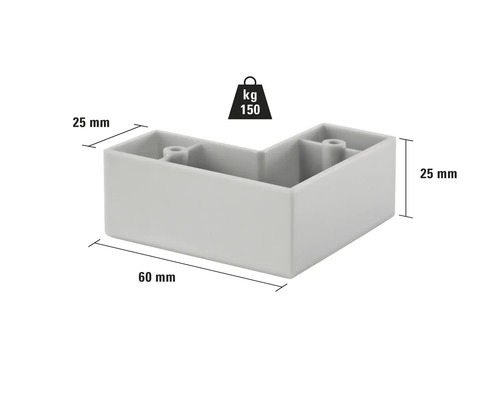 Rohová noha s rozmermi 60 mm x 25 mm a nosnosťou 150 kilogramov.