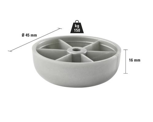Nábytková noha z plastu s priemerom 45 mm a výškou 16 mm, nosnosť 150 kg
