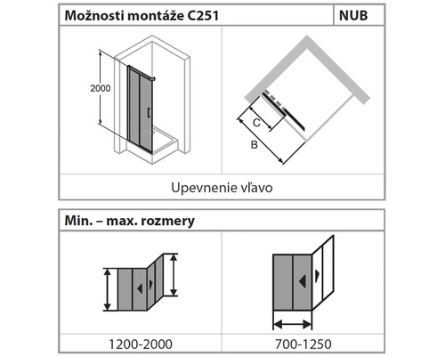Možnosti montáže a rozmerové údaje pre sprchovací kút