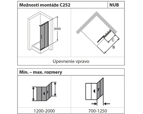 Možnosti montáže C252 a rozmery sprchovacieho kúta