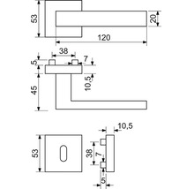 Technický nákres kľučky na dvere s rozmermi