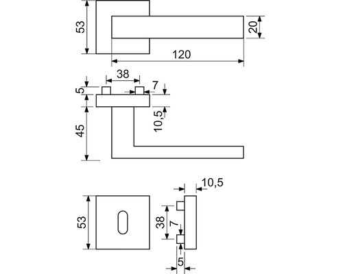 Technický nákres kľučky na dvere s rozmermi