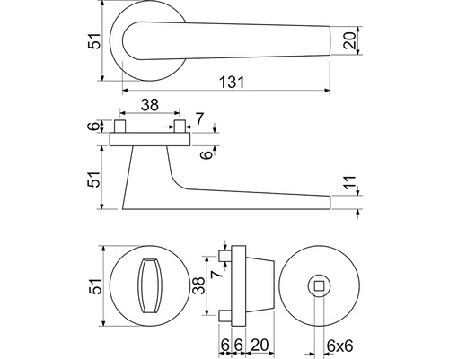Technický nákres kľučky dverí s rozmermi