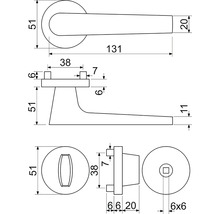 Technický nákres kľučky ku dverám s rozmermi