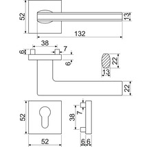 Technický výkres kľučky dverí s rozmermi