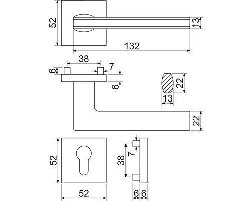 Technický výkres kľučky dverí s rozmermi