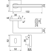 Technický nákres kľučky dverí s rozmermi