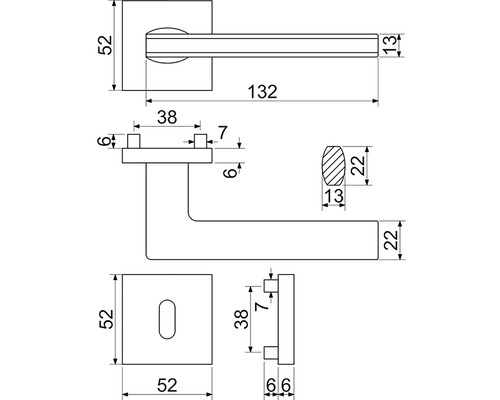 Technický nákres kľučky dverí s rozmermi