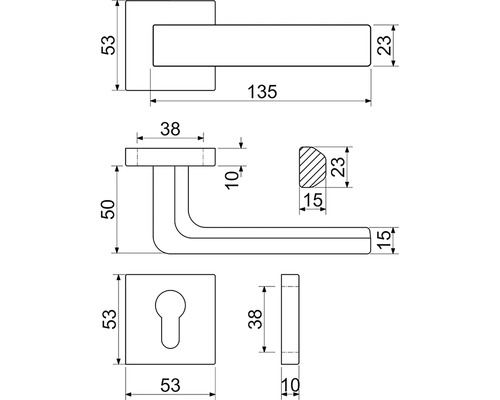 Technický nákres kľučky dverí s rozmermi