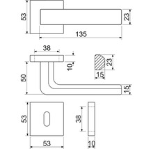 Technický nákres kľučky dverí s rozmermi