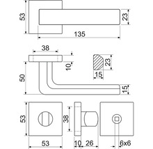 Technický výkres kľučky dverí s rozmermi