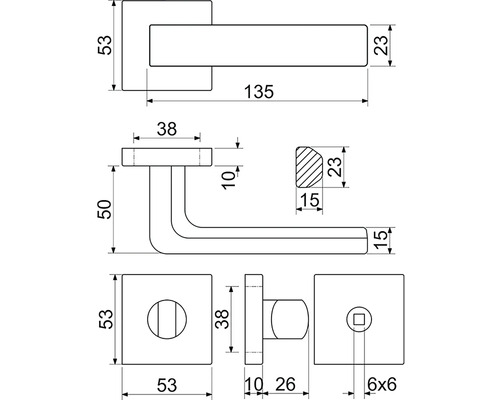 Technický výkres kľučky dverí s rozmermi