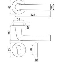 Technický nákres kľučky dverí s rozmermi