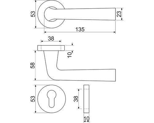 Technický nákres kľučky dverí s rozmermi