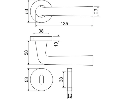 Technický výkres kľučky na dvere s rozmermi