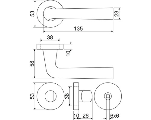 Technický výkres kľučky dverí s rozmermi